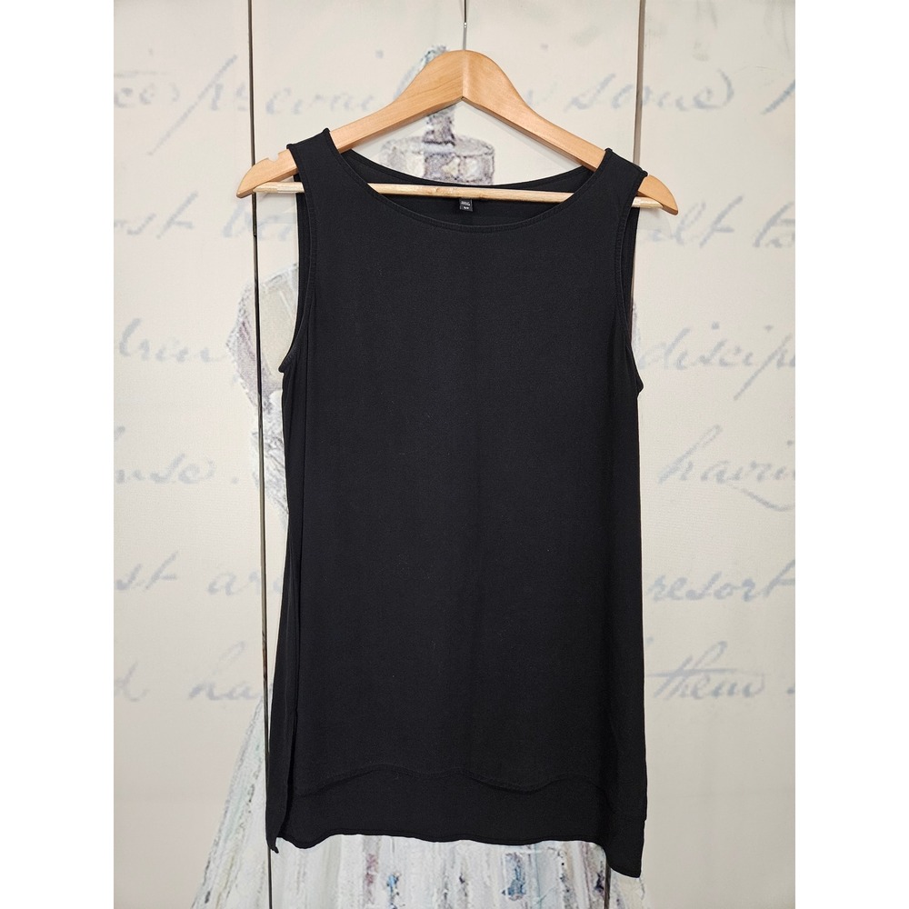 Eileen Fisher Tank Top Small Black 100%‎ Silk Minimalist Sleeveless Shell Slit